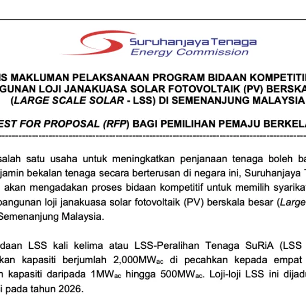 Notis Makluman Pelaksanaan Program Bidaan Kompetitif Bagi Pembangunan Loji Janakuasa Solar Fotovoltaik (PV) Berskala Besar (Large Scale Solar - LSS) Di Semenanjung Malaysia